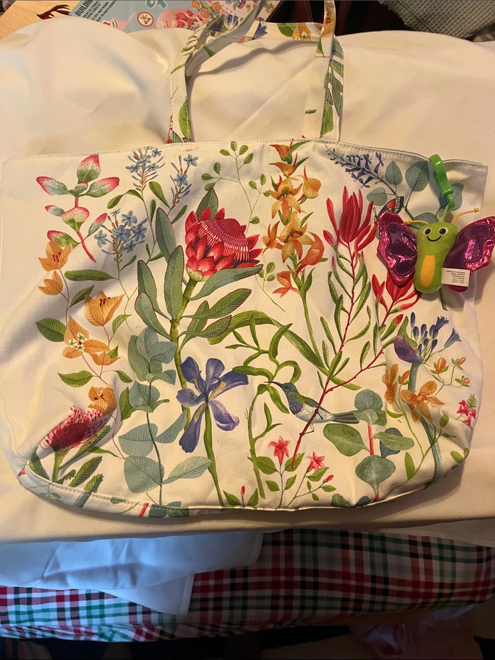 Floral Print Canvas Tote Bag in White with Multicolor Botanicals
